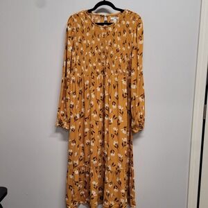 Sonoma Maternity Mustard Yellow Floral Smocked Midi Dress Womens Large Boho